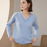 Womens V Necked Cashmere Pullover Cable - Knitted Cashmere Sweater Blue XS