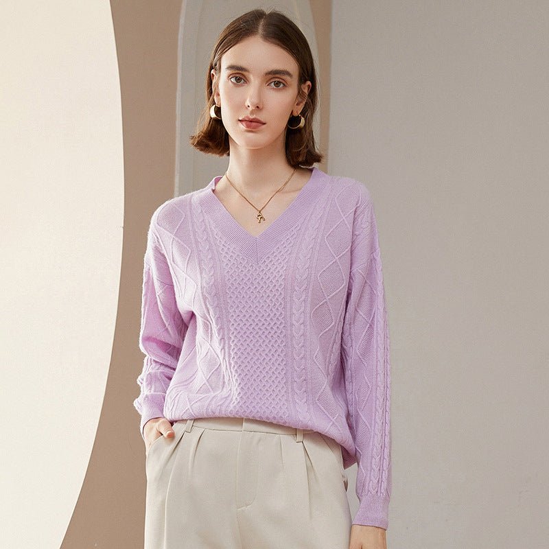 Womens V Necked Cashmere Pullover Cable - Knitted Cashmere Sweater Lavender XS