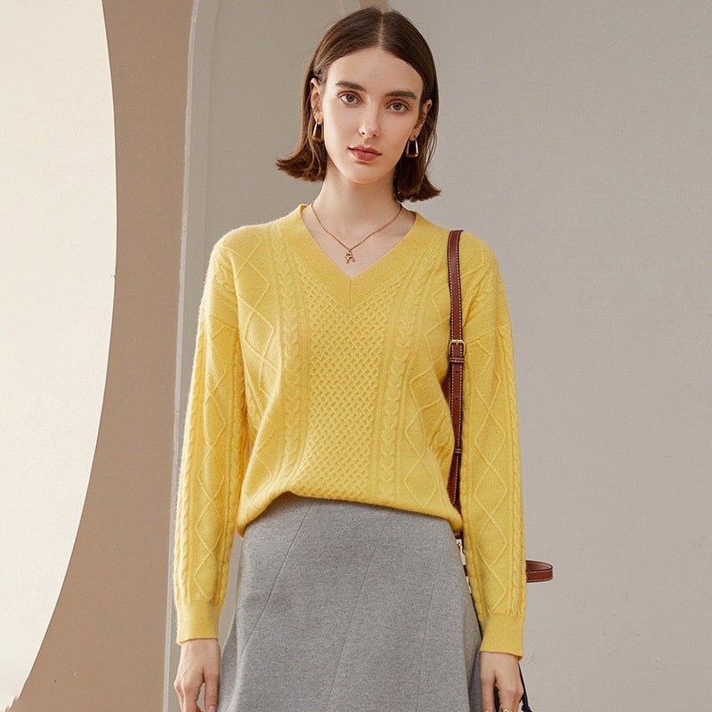 Womens V Necked Cashmere Pullover Cable - Knitted Cashmere Sweater Yellow XS