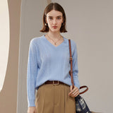 Womens V Necked Cashmere Pullover Cable - Knitted Cashmere Sweater Blue XS