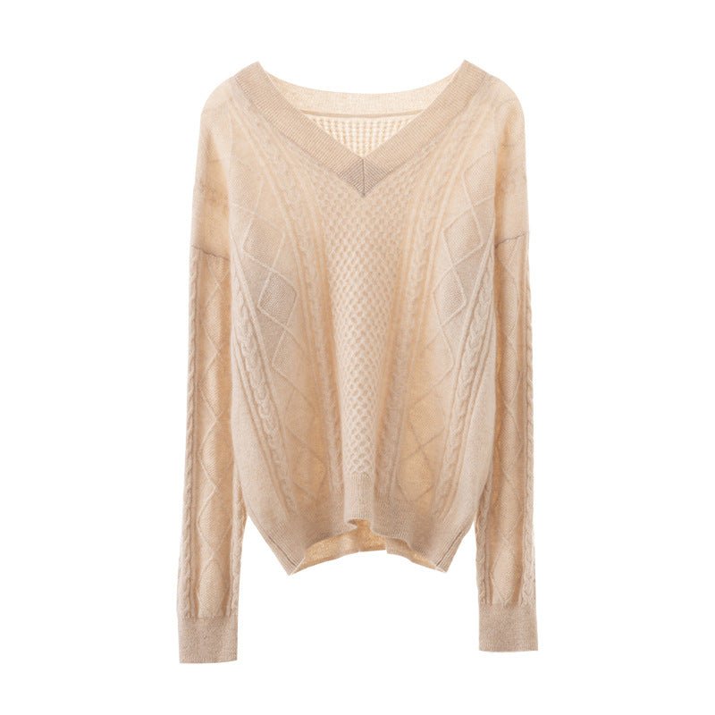 Womens V Necked Cashmere Pullover Cable - Knitted Cashmere Sweater Camel XS