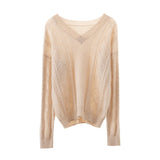 Womens V Necked Cashmere Pullover Cable - Knitted Cashmere Sweater Camel XS