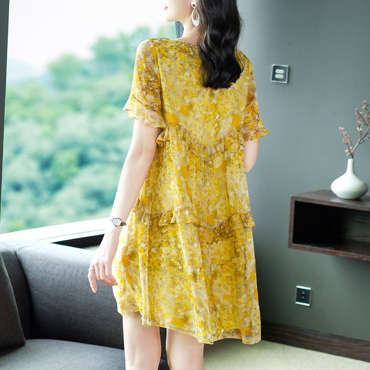 Womens Yellow Ruffled Silk Dress Watercolor Floral Short Silk Dress