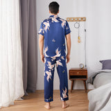 Ensemble pyjama en soie pour hommes boutonné à manches courtes imprimé vêtements de nuit en soie avec pantalon long