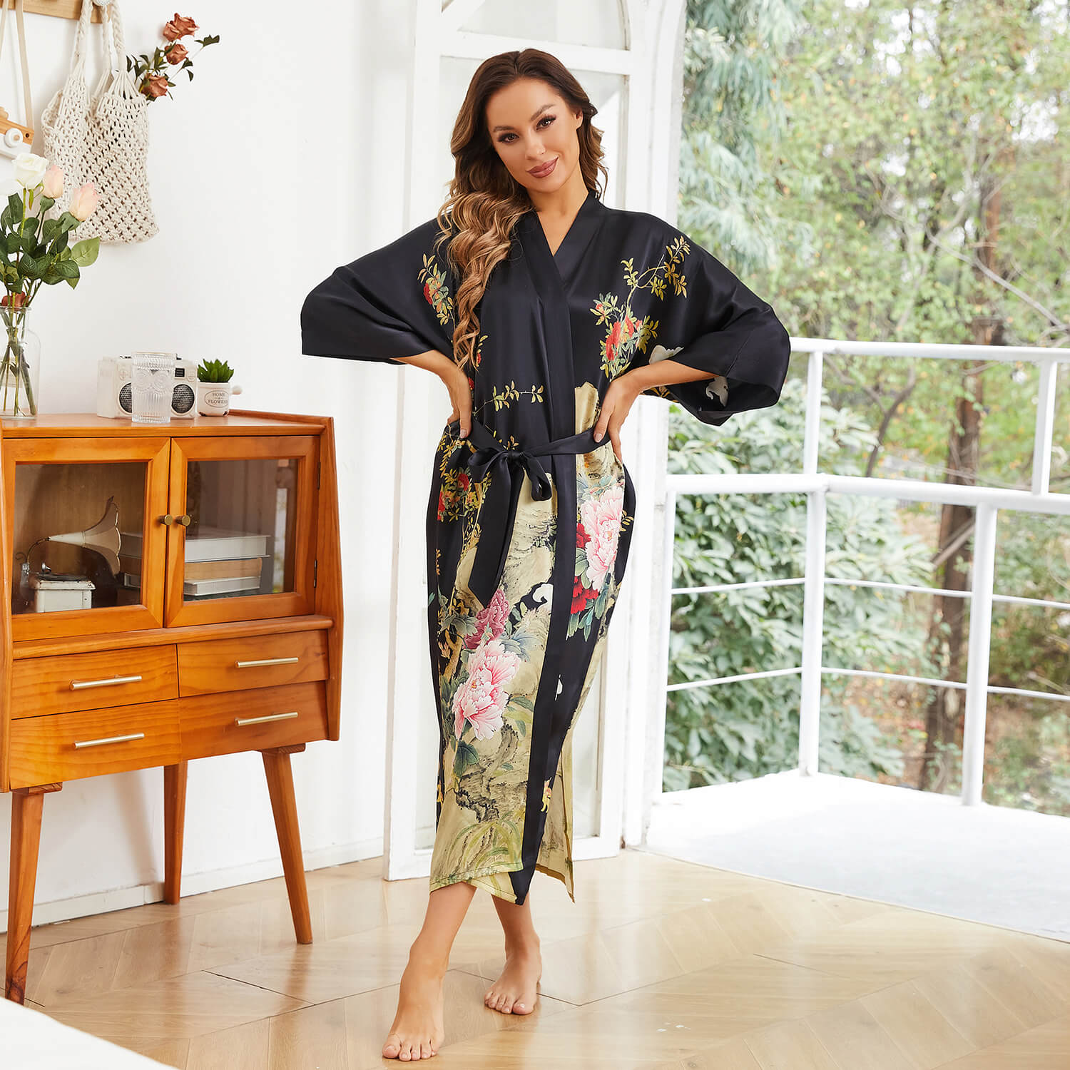 Long Flower Silk Kimono Robe for Women 100% Elegant Handpainted Silk Robes - slipintosoft