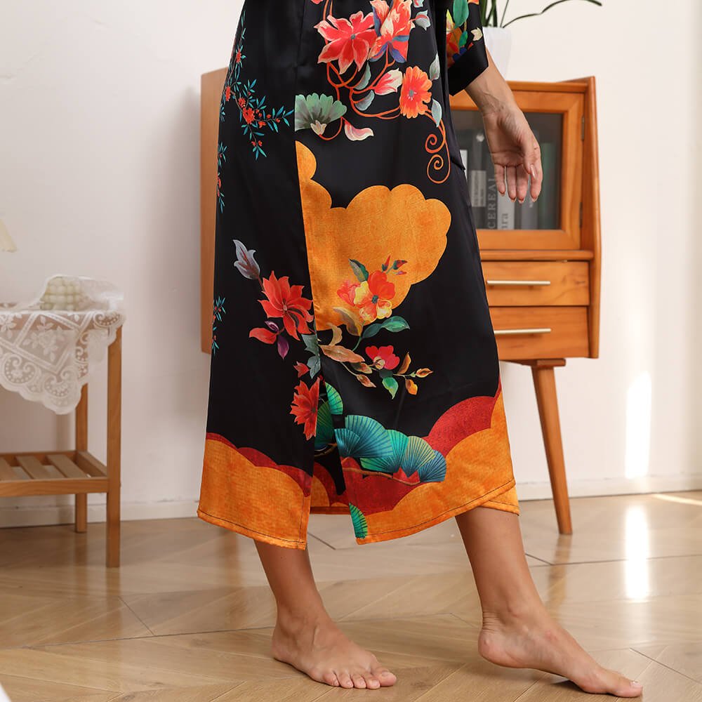 100% Mulberry Flower print Silk Kimono Robe - slipintosoft