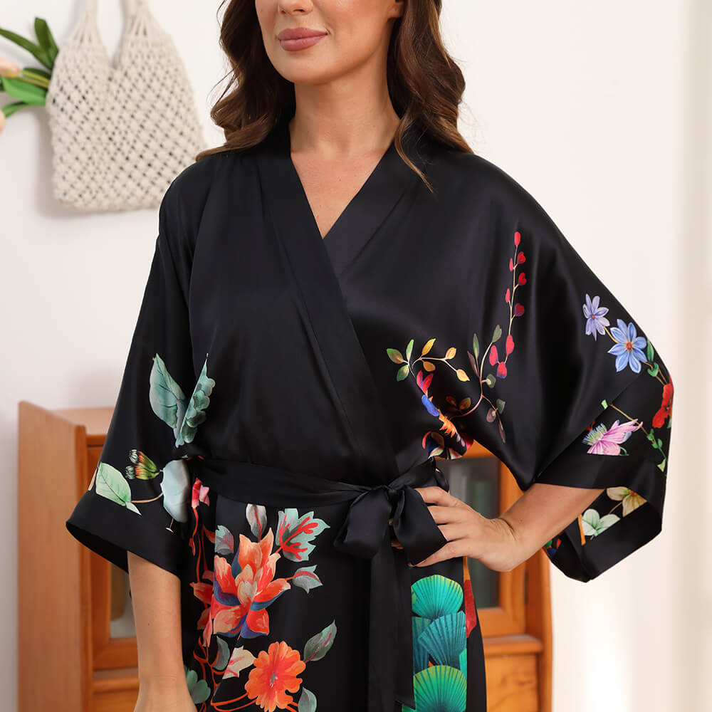 100% Mulberry Flower print Silk Kimono Robe - slipintosoft