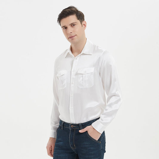 Chemise 100% soie de mûrier pour hommes, haut à manches longues en soie