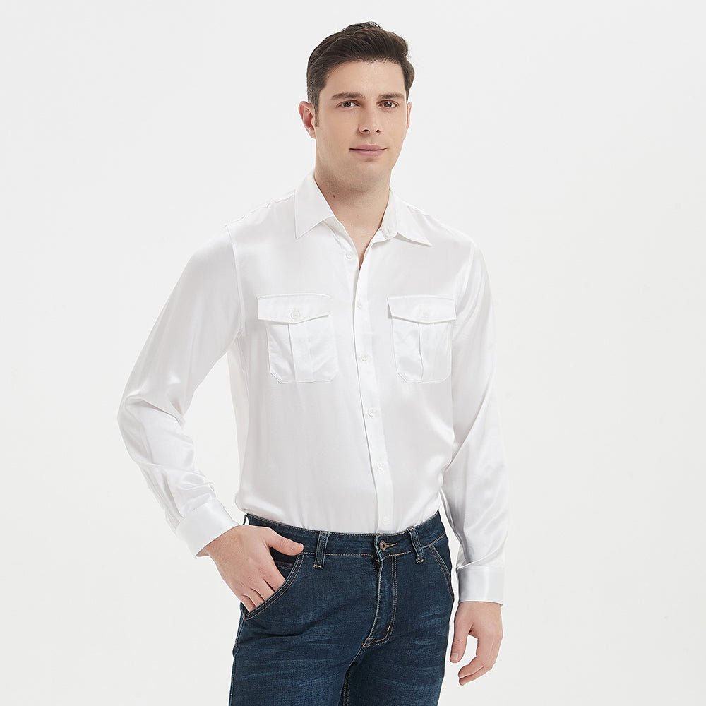 100% Mulberry Silk Shirt pour hommes à manches longues en soie