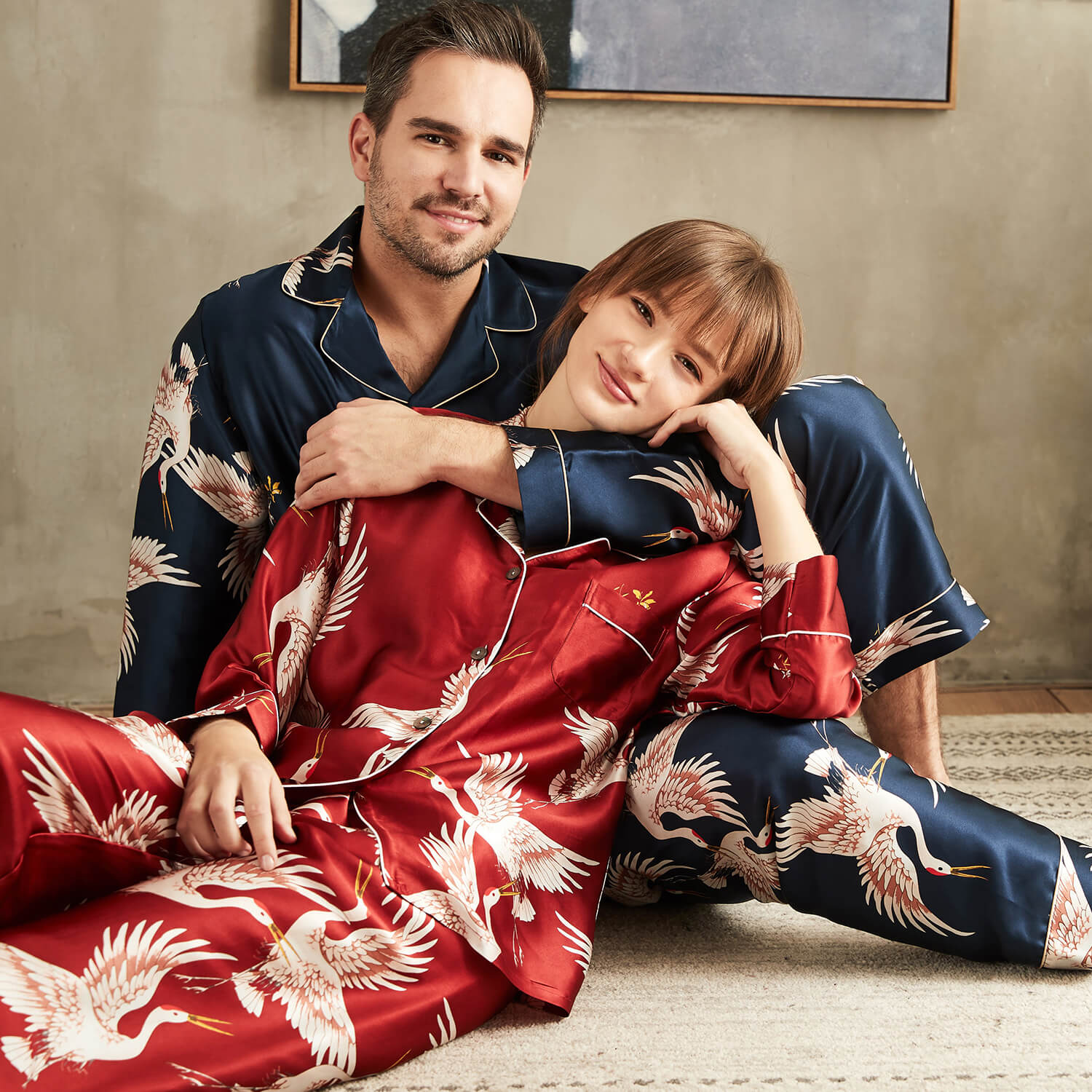 Ensemble de pyjamas en soie imprimés de luxe pour Couple, vêtements de nuit à manches longues, pyjamas assortis en soie