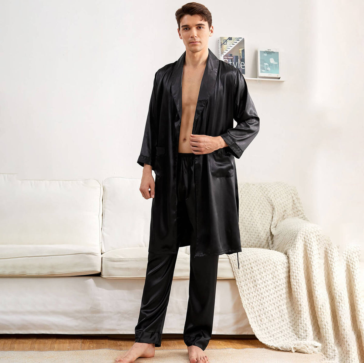 Robe en soie pour hommes avec pantalon, ensemble de salon en soie avec ceinture, peignoir, vêtements de nuit, ensemble pyjama