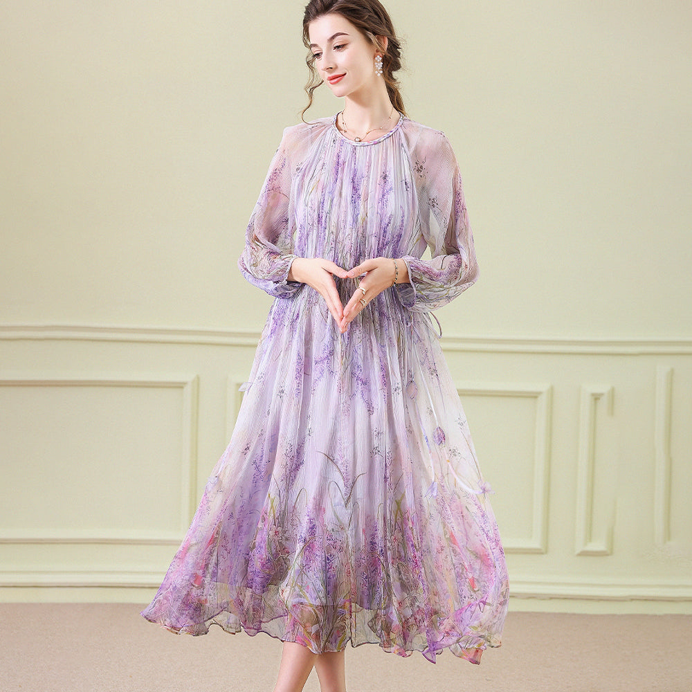Robe midi de soie florale avec des robes en soie à manches longues pour femmes