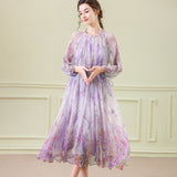 Robe midi de soie florale avec des robes en soie à manches longues pour femmes