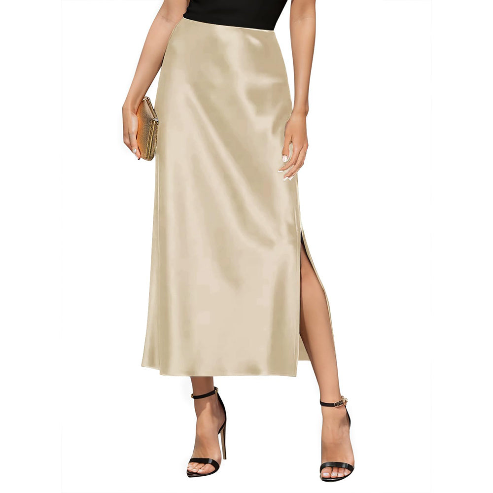 Jupe maxi en soie pour femmes avec la jupe de soie taille haute fente latérale