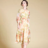 Robe midi de soie florale élégante pour femmes avec manches transparentes robes en soie