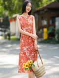 Toile Print Silk Midi Dress for Women Sleeveless Belted Silk Dress