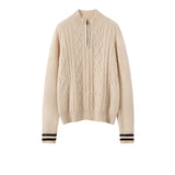 Womens Cable Knit Quarter-Zip Pure Cashmere Sweater Contrast Striped Cashmere Pullover