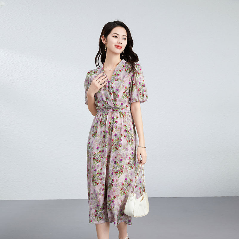 Robe mi-longue en soie pour femme avec imprimé floral, manches bouffantes et taille plissée