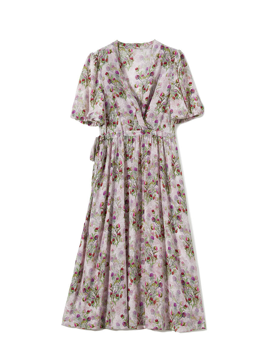 Robe mi-longue en soie pour femme avec imprimé floral, manches bouffantes et taille plissée