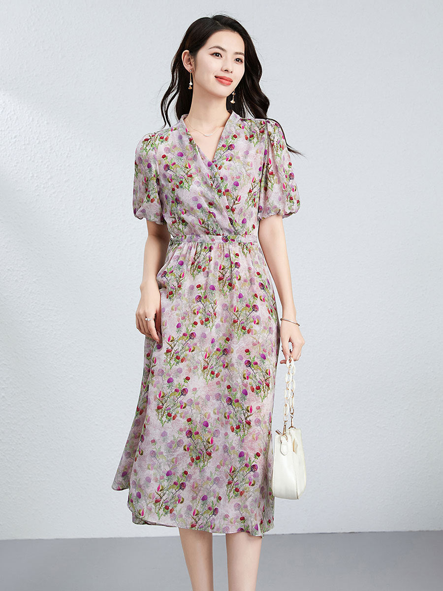 Robe mi-longue en soie pour femme avec imprimé floral, manches bouffantes et taille plissée