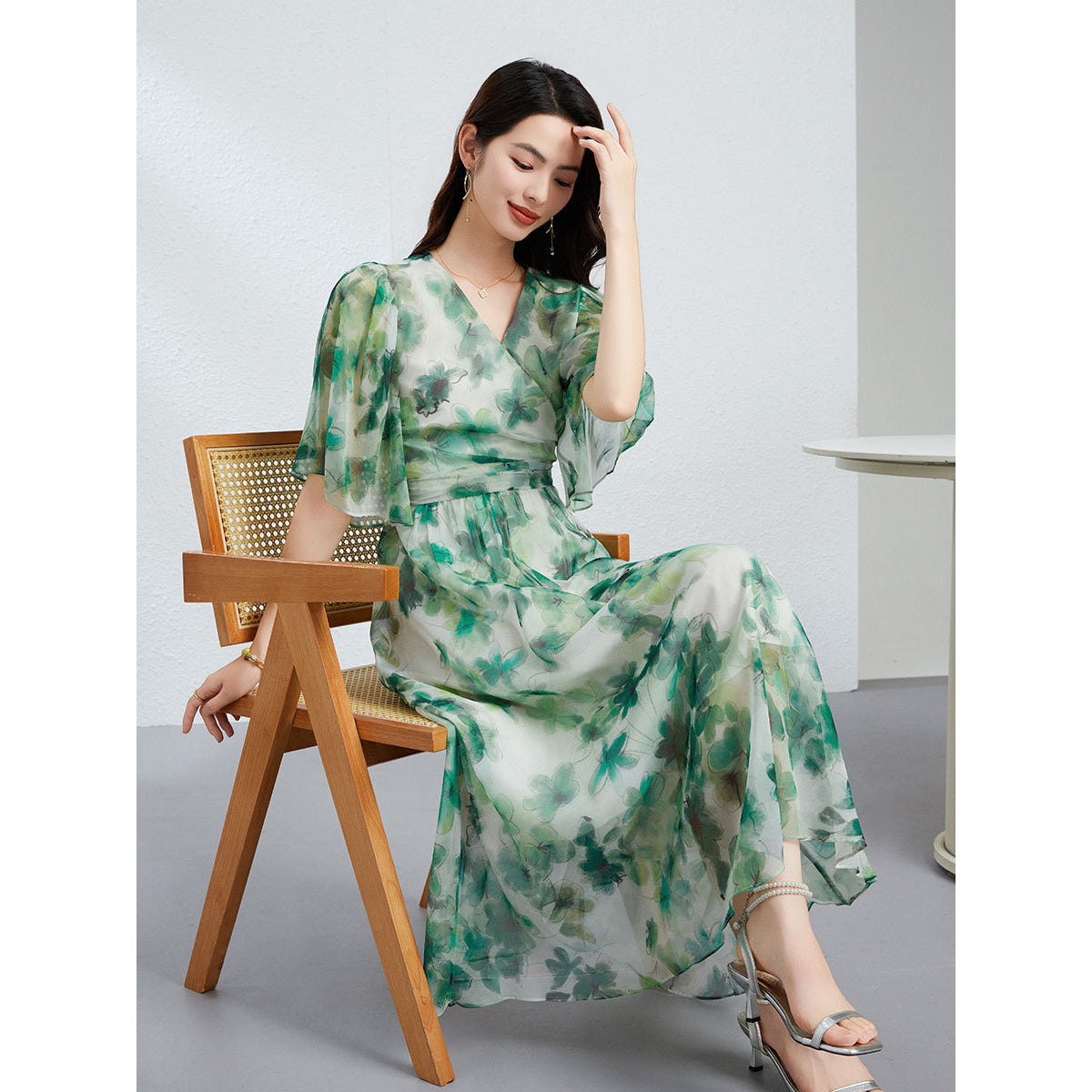 Robe en mousseline de soie verte pour femmes robe de soie en soie robe florale en soie