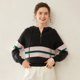 Womens Striped Cashmere Hoodie Half-Zip Cashmere Sweater