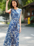 Toile Print Silk Midi Dress for Women Sleeveless Belted Silk Dress