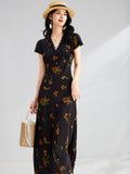 Womens Floral Print Silk Midi Dress V Neck Lace Trim A Line Silk Dress