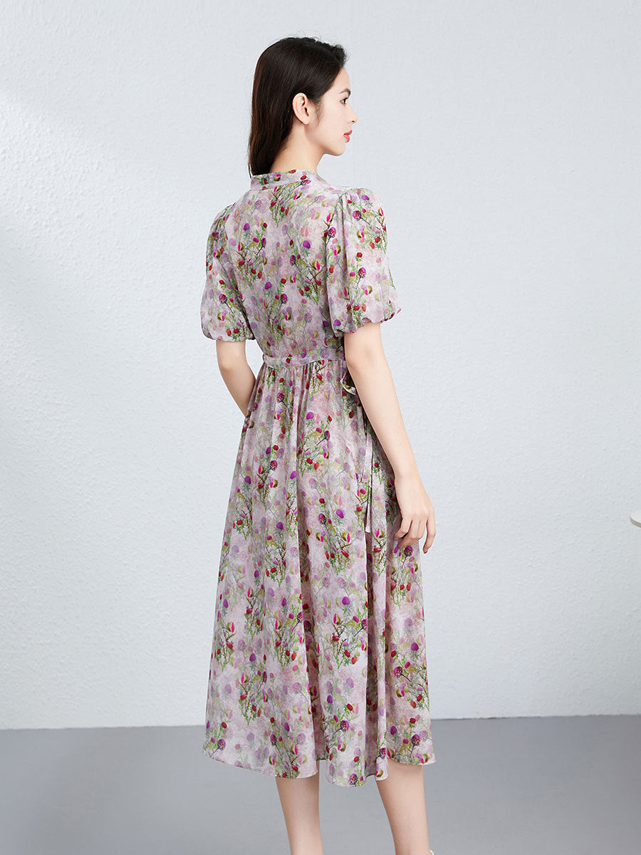 Robe mi-longue en soie pour femme avec imprimé floral, manches bouffantes et taille plissée