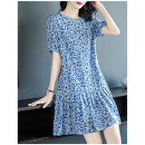 Blue Floral Imprime à imprimé mini-robe robe à volants Robe de soie courte Robe de soie courte