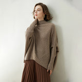 Pull poncho en cachemire pour femme avec manches et cape en cachemire côtelée à col montant