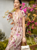 Womens Floral Print Silk Dress V Neck Short Sleeve Belted Silk Midi Dress