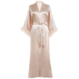 Silk Kimono Robe with Ostrich Feather Trim Long Silk Wedding Bridesmaid Robe - slipintosoft