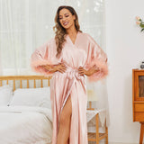 Silk Kimono Robe with Ostrich Feather Trim Long Silk Wedding Bridesmaid Robe - slipintosoft