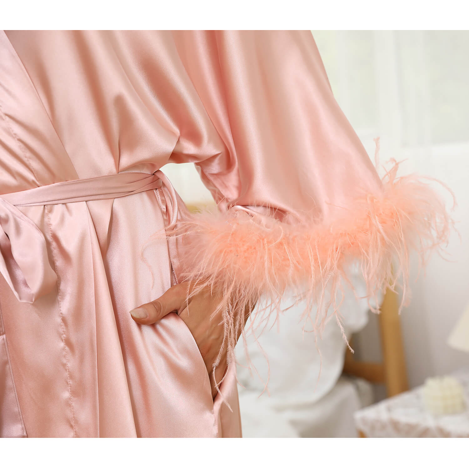 Silk Kimono Robe with Ostrich Feather Trim Long Silk Wedding Bridesmaid Robe - slipintosoft