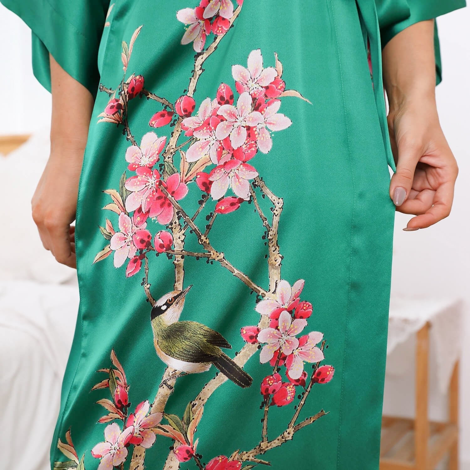 Cherry Blossom And Birds Print 100% Long Silk Kimono Robe - slipintosoft