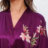 Cherry Blossom And Birds Print 100% Long Silk Kimono Robe - slipintosoft