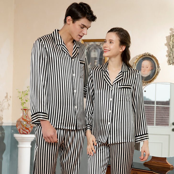 Couples en soie assorties de pyjamas ensembles de longues vêtements en soie à rayures