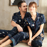 Silk Matching Pajamas Set Universe Printed Couples Silk Pajamas