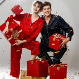 Couple pyjamas en soie pyjamas de Noël en soie 2 sets pour hommes et femmes