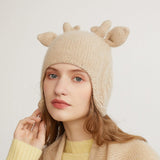 Cute Cashmere Beanie with Elk Horns for Winter Cashmere Earflap Hat Christmas Gifts Cashmere Hats