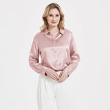 Elegant Womens Pearl Buckle Silk Blouse Silk Long Sleeves Shirt