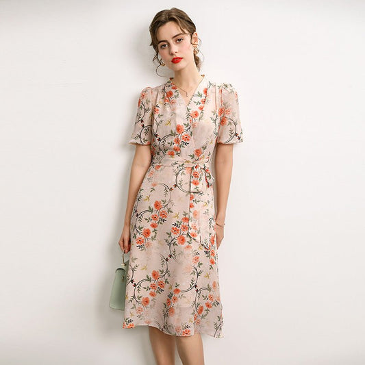 Robe midi de soie pure florale robes en soie de fête invités