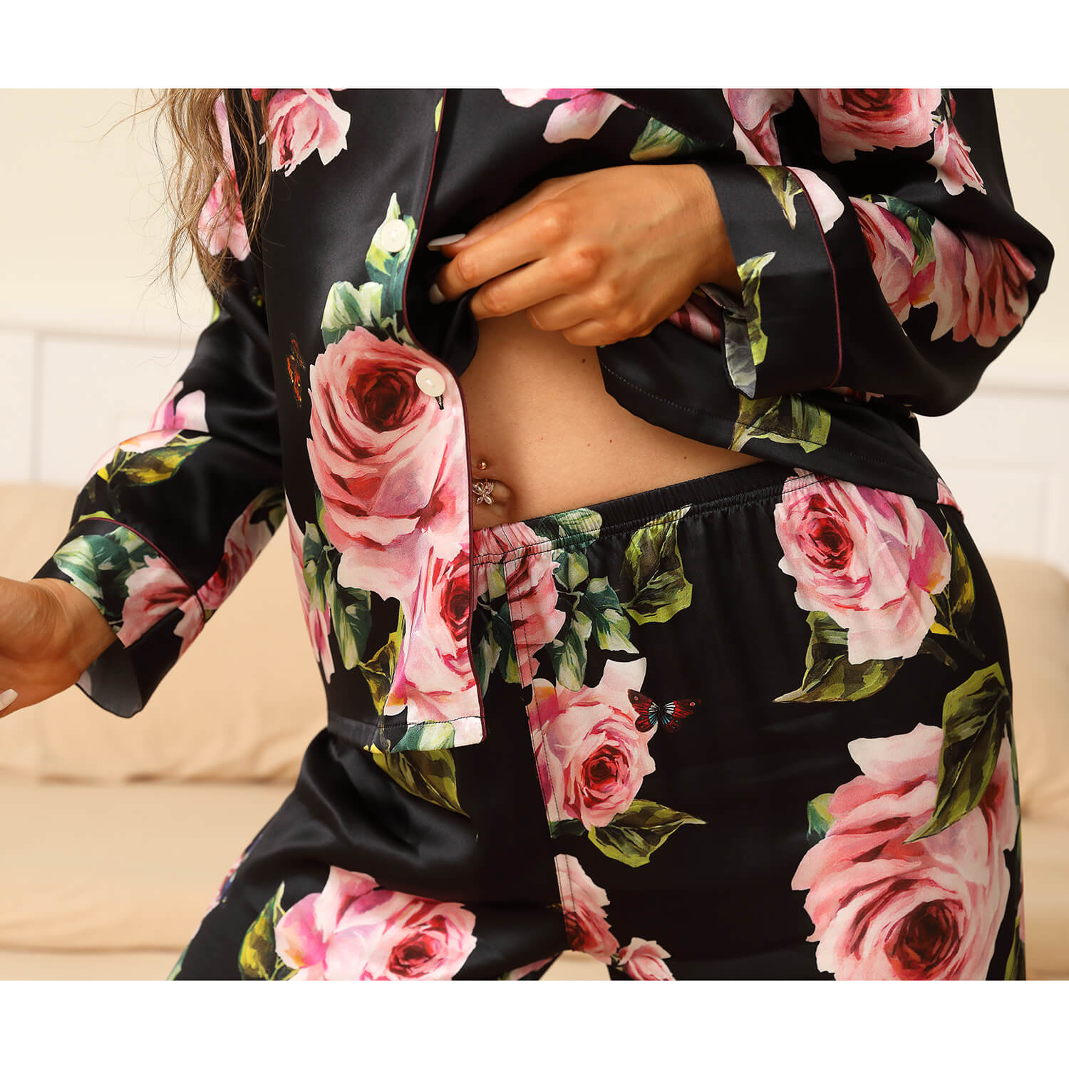 Long Floral Silk Pajama Set For Women Pink Black Real 100 Ladies Silk Pjs Mulberry Silk Sleepwear - slipintosoft