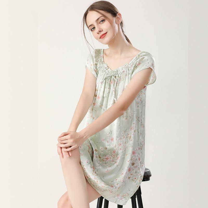 Women's Flowere Silk Nightgown Floral Printed Silk Dress Ladies' Silk Nightwear - slipintosoft