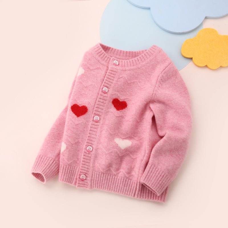 Girls Cashmere Cardigan Heart Pattern Kids Button Front Cashmere Sweater