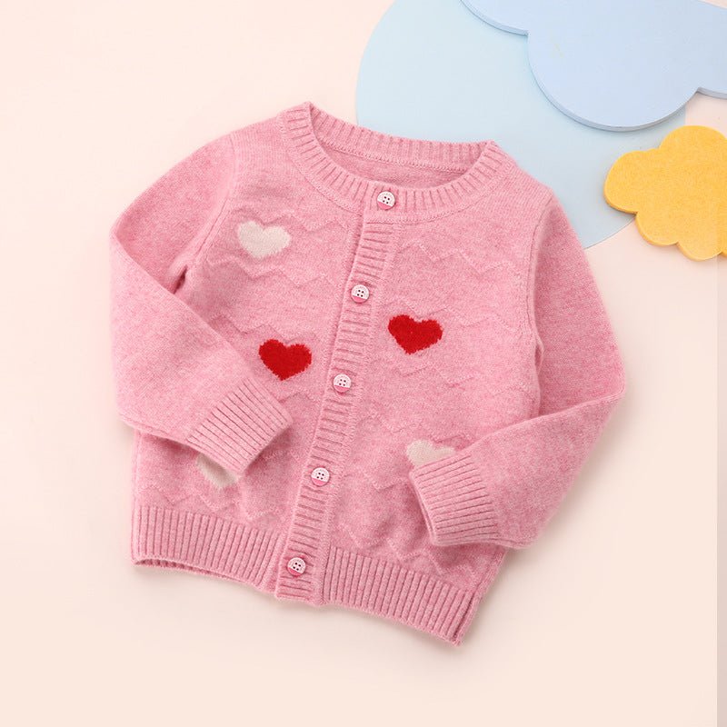 Girls Cashmere Cardigan Heart Pattern Kids Button Front Cashmere Sweater