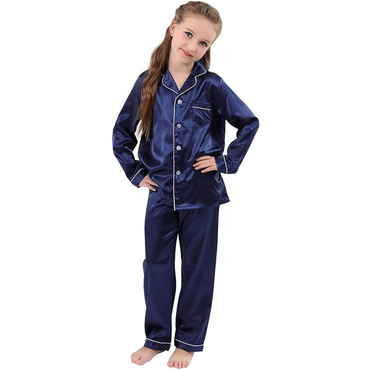 Ensemble pyjama en soie pour filles, pyjama long en soie pour enfants, vêtements de nuit en soie