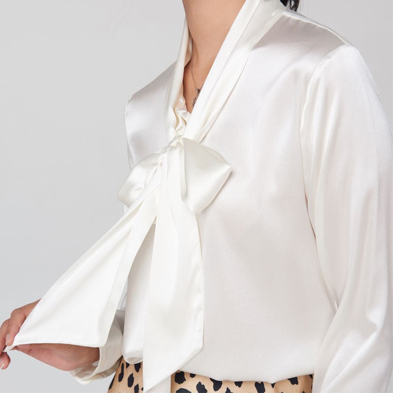 Gold Tie Neck Long Sleeve Silk Shirt For Women - slipintosoft