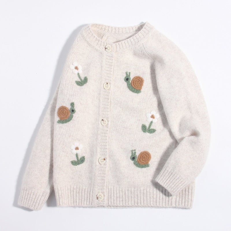 Kids Cashmere Cardigan Snail Flower Embroidery Knit Cashmere Sweater for Children